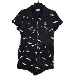 Unique Vintage Womens Black Glow In Dark Bat Print Mia Romper Large 10/12 Gothic